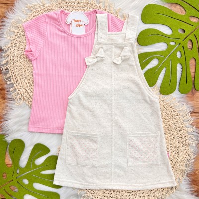 Conj. Blusa Ribana e Salopete em Linho com Strass - Rosa e Areia